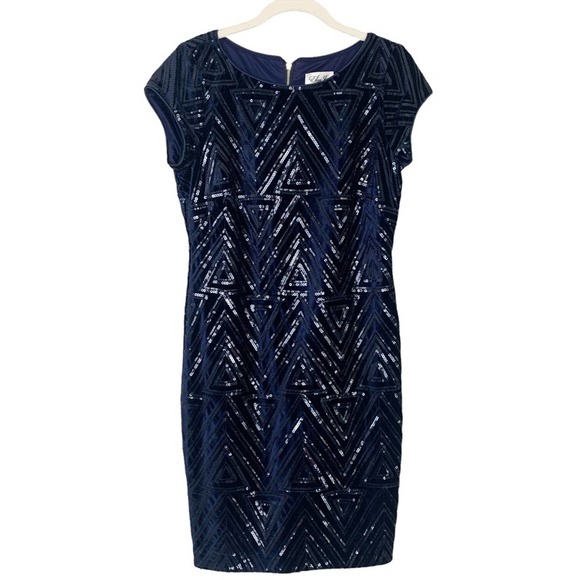 Eliza J Sequin Velvet Sheath Dress Navy High Neck Short Sleeve Mini Size 6 - Picture 2 of 12